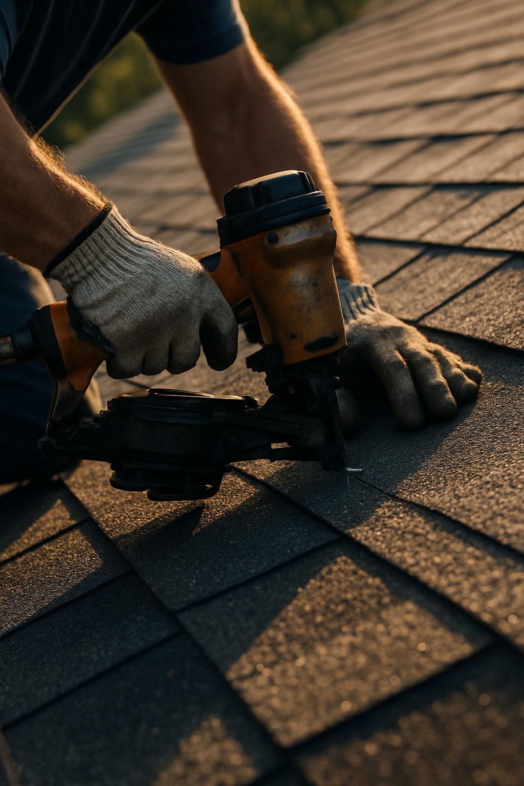 Roofer installing shingles by hand